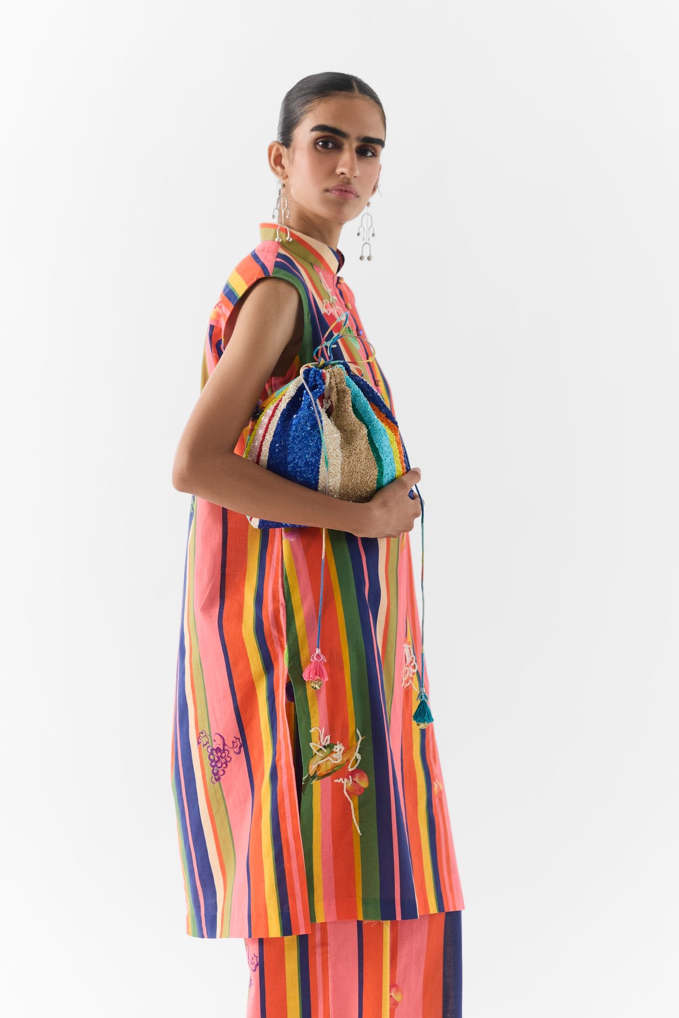 Back view of the Pink Barcode kurta styled with matching printed pants