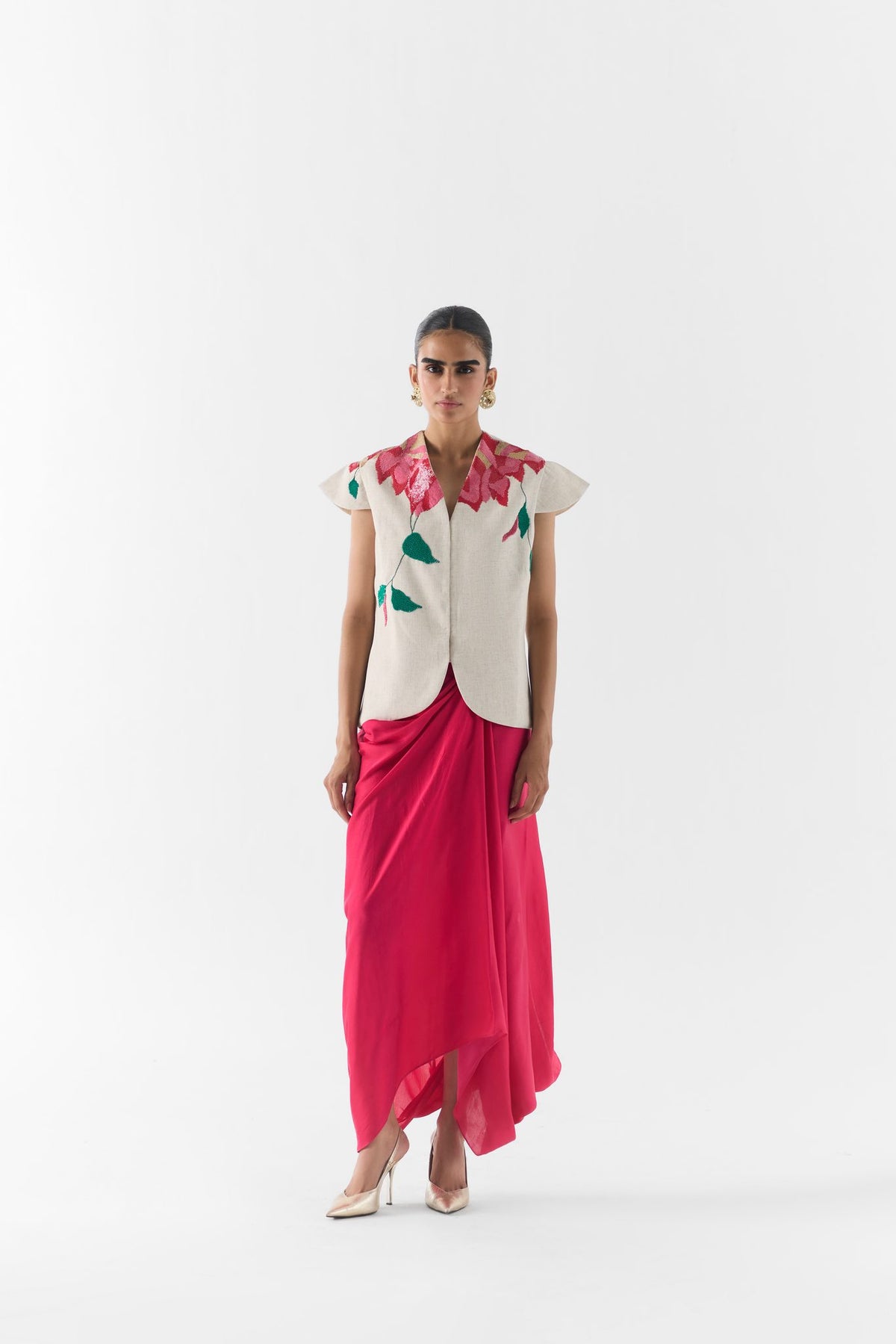 Pink Rose vest and dhoti pants front view on model, Studiorigu floral co-ord