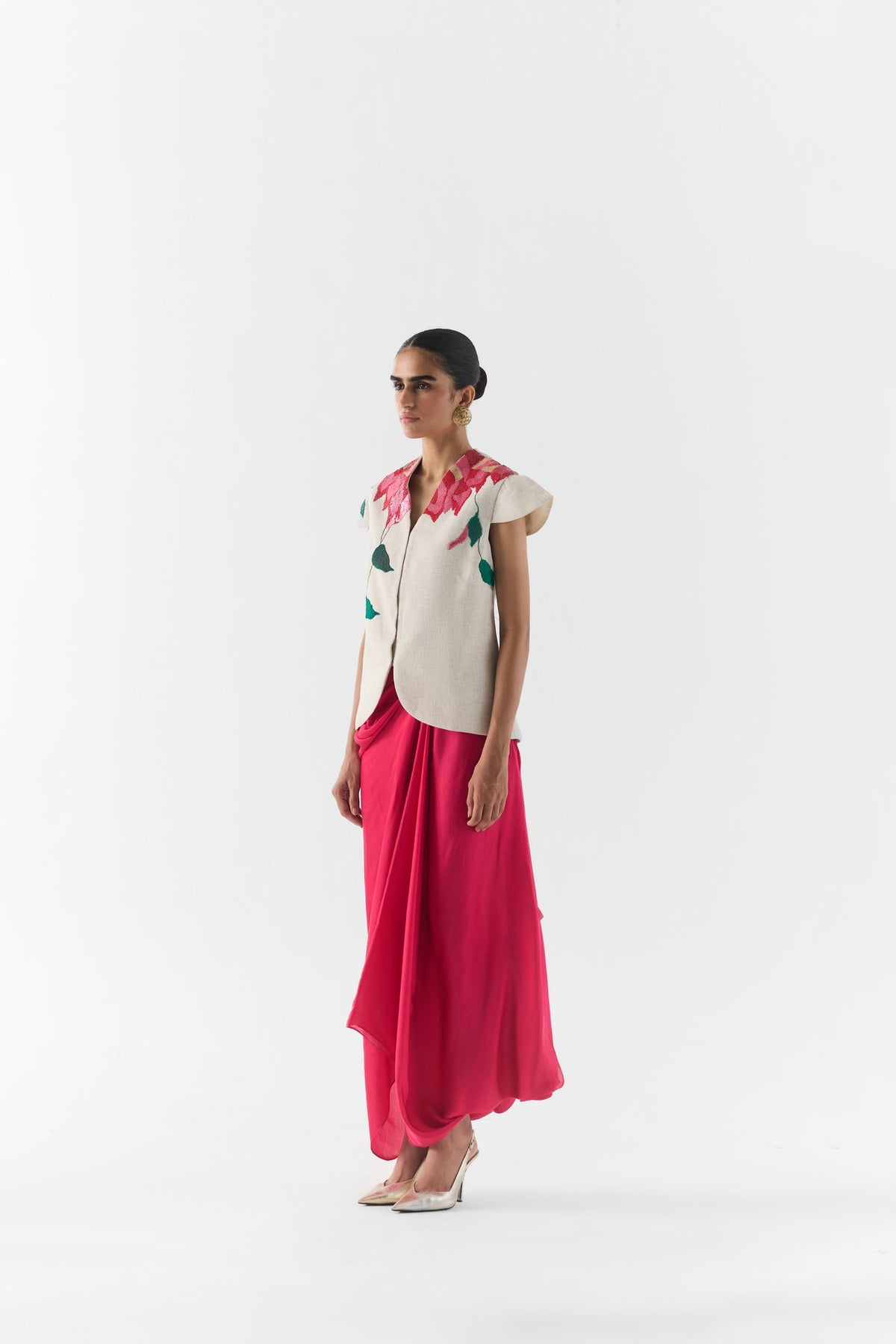 Back view of Studiorigu Pink Rose vest with dhoti pants styling