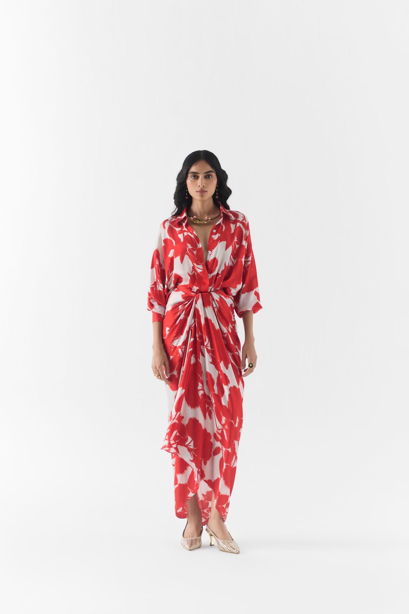 Side view of the Red Ink Draped Shirt Dress showing the asymmetric drape