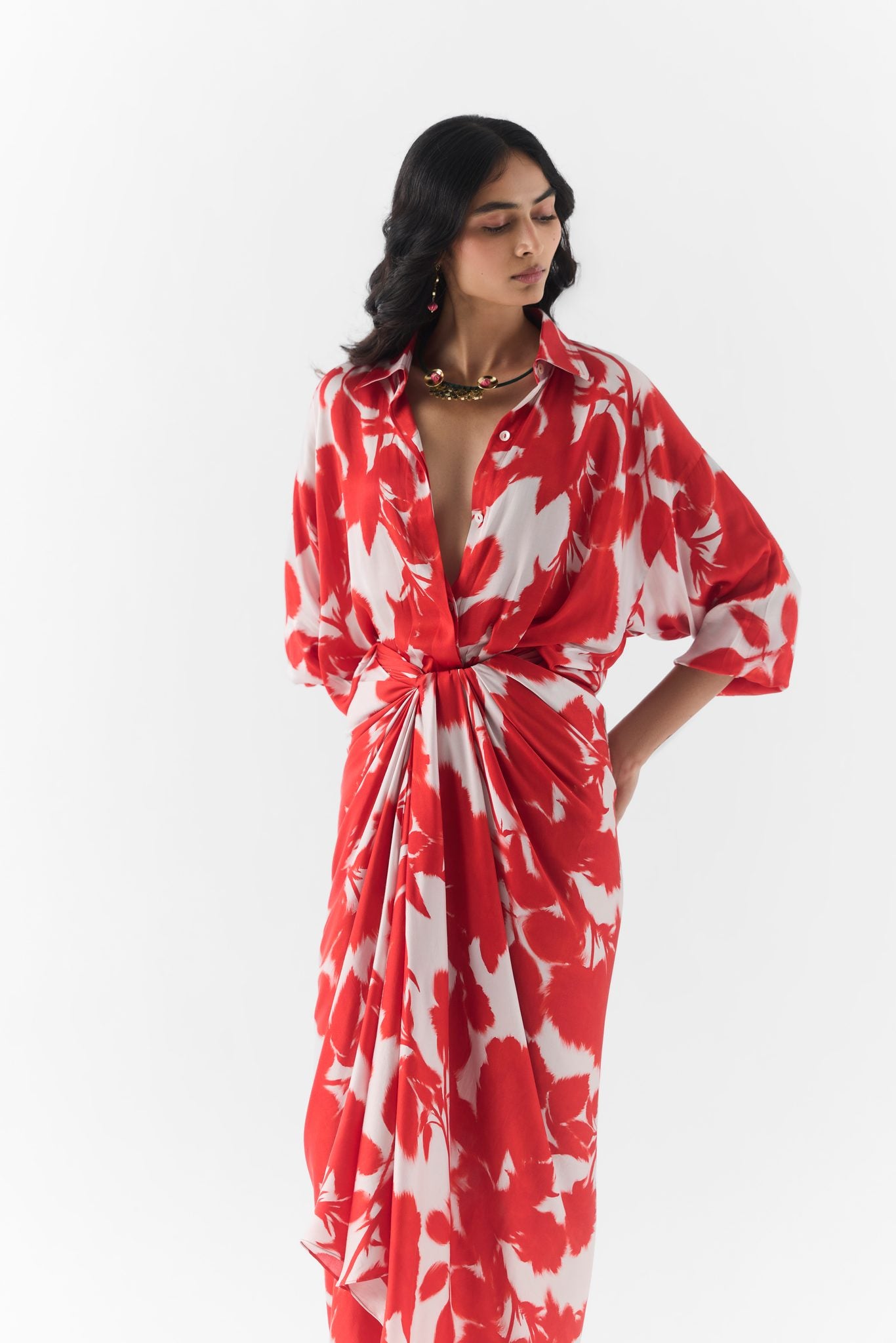 Back view of the Red Ink Draped Shirt Dress in flowing ink print fabric