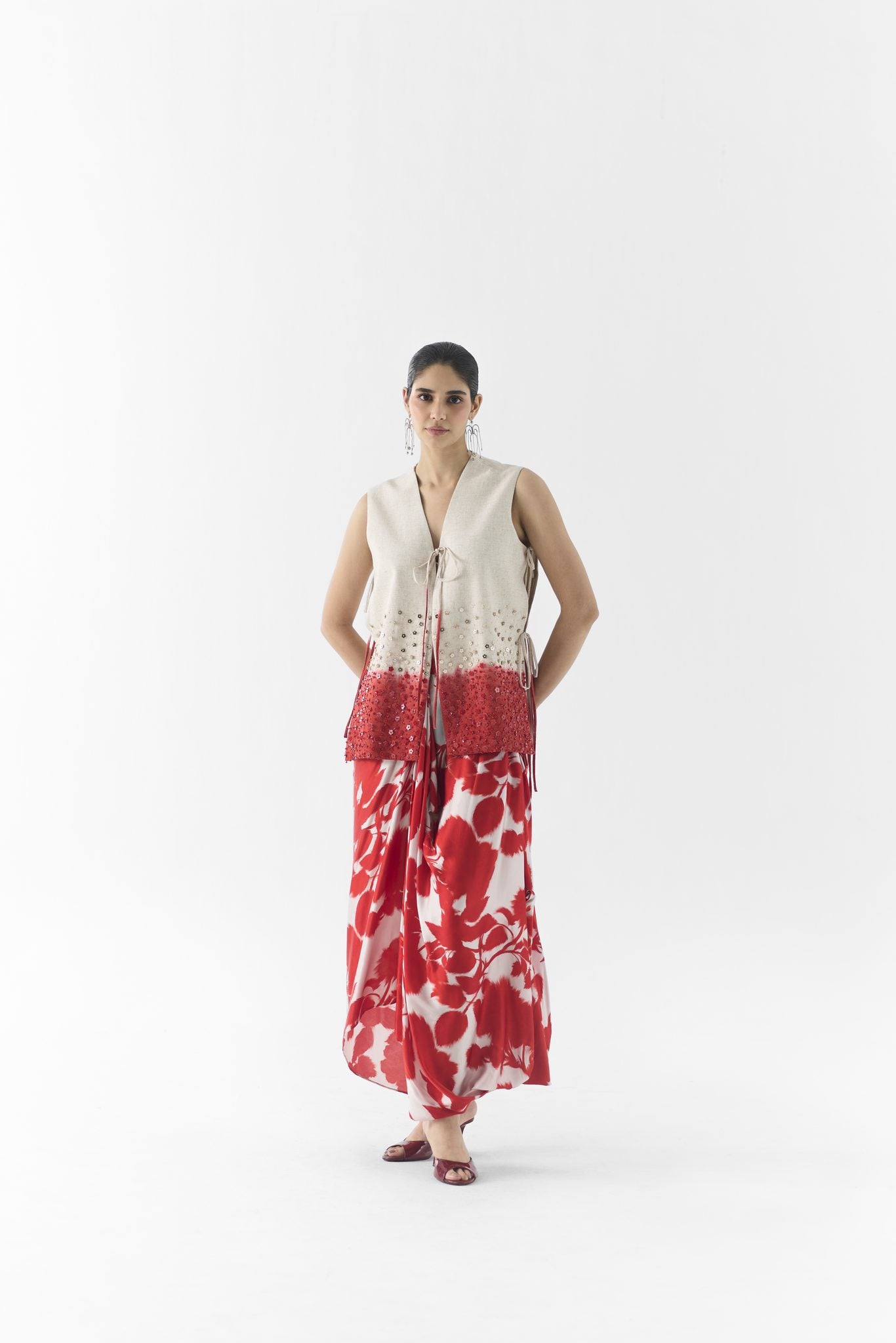 Red Ink vest and dhoti pants front view on model, Studiorigu printed co-ord set