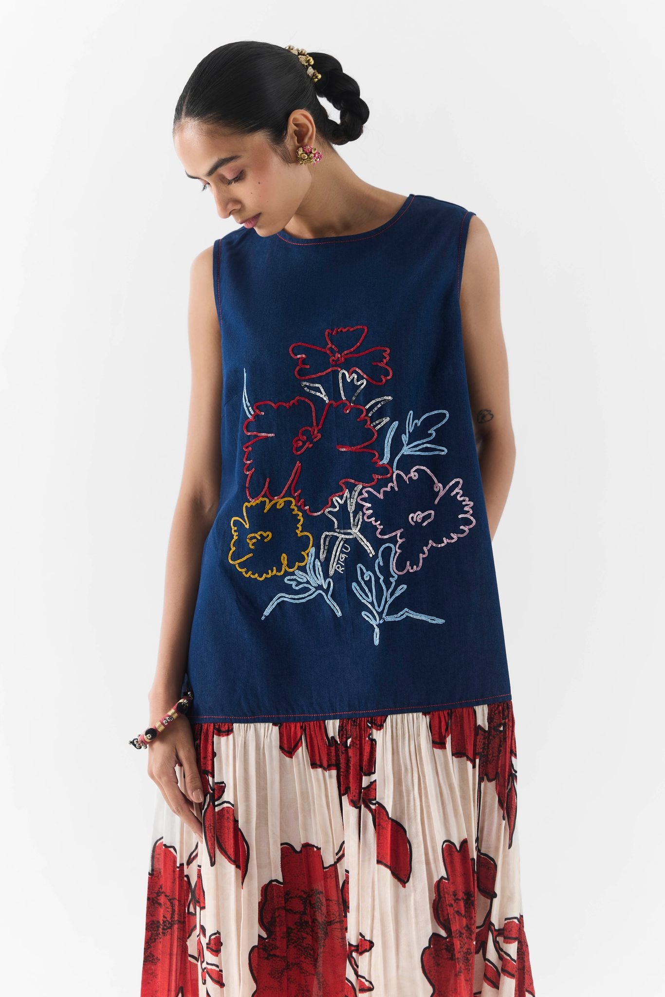 Rosalie cotton denim A-line dress with embroidery, side view