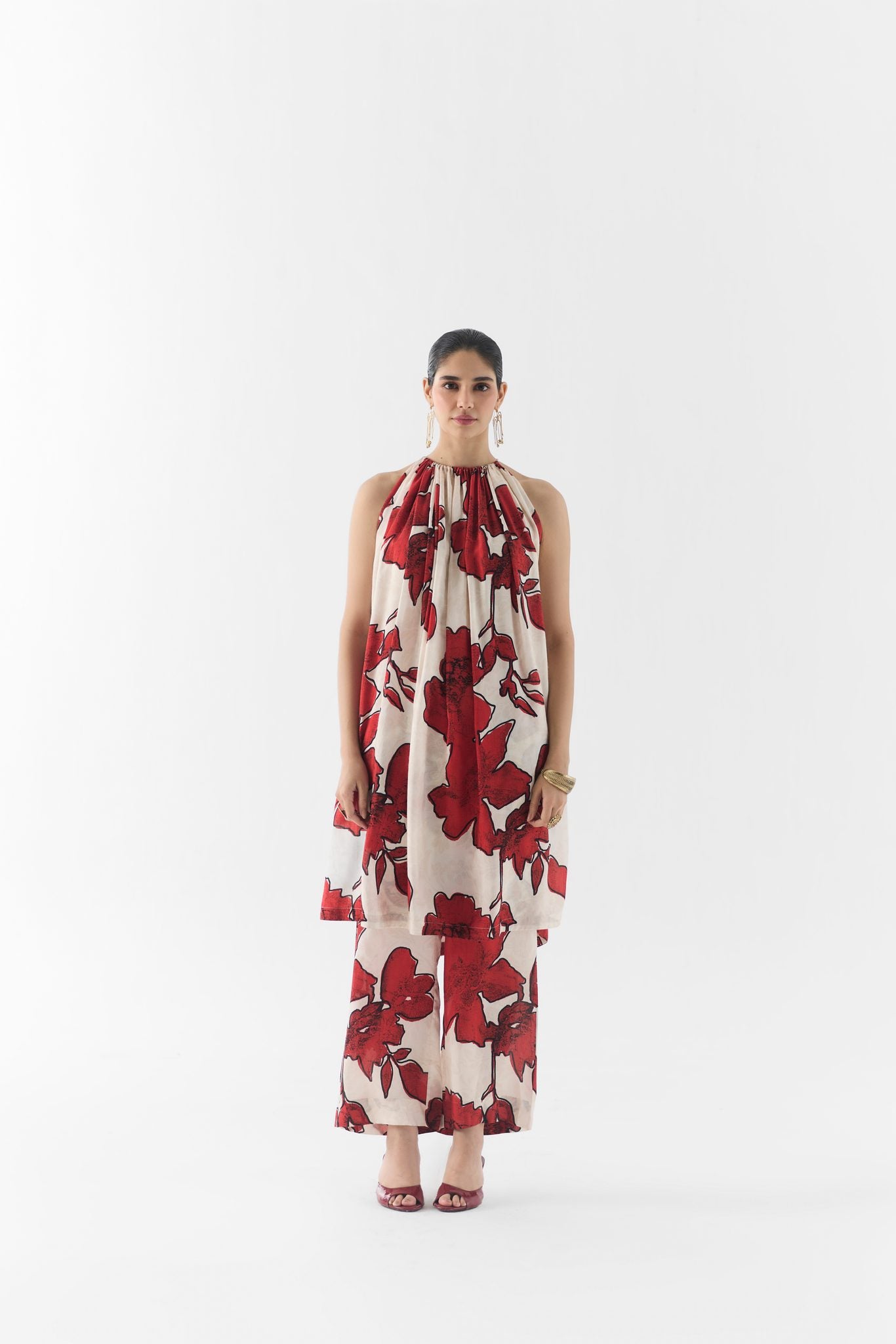Rosalie halter kurta and pants in silk dupion with rose print over jacquard, front view