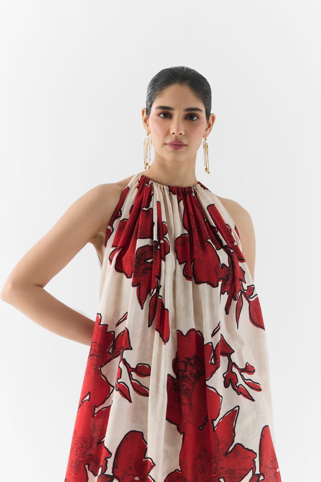 Rosalie halter kurta and pants set styled on model, side view