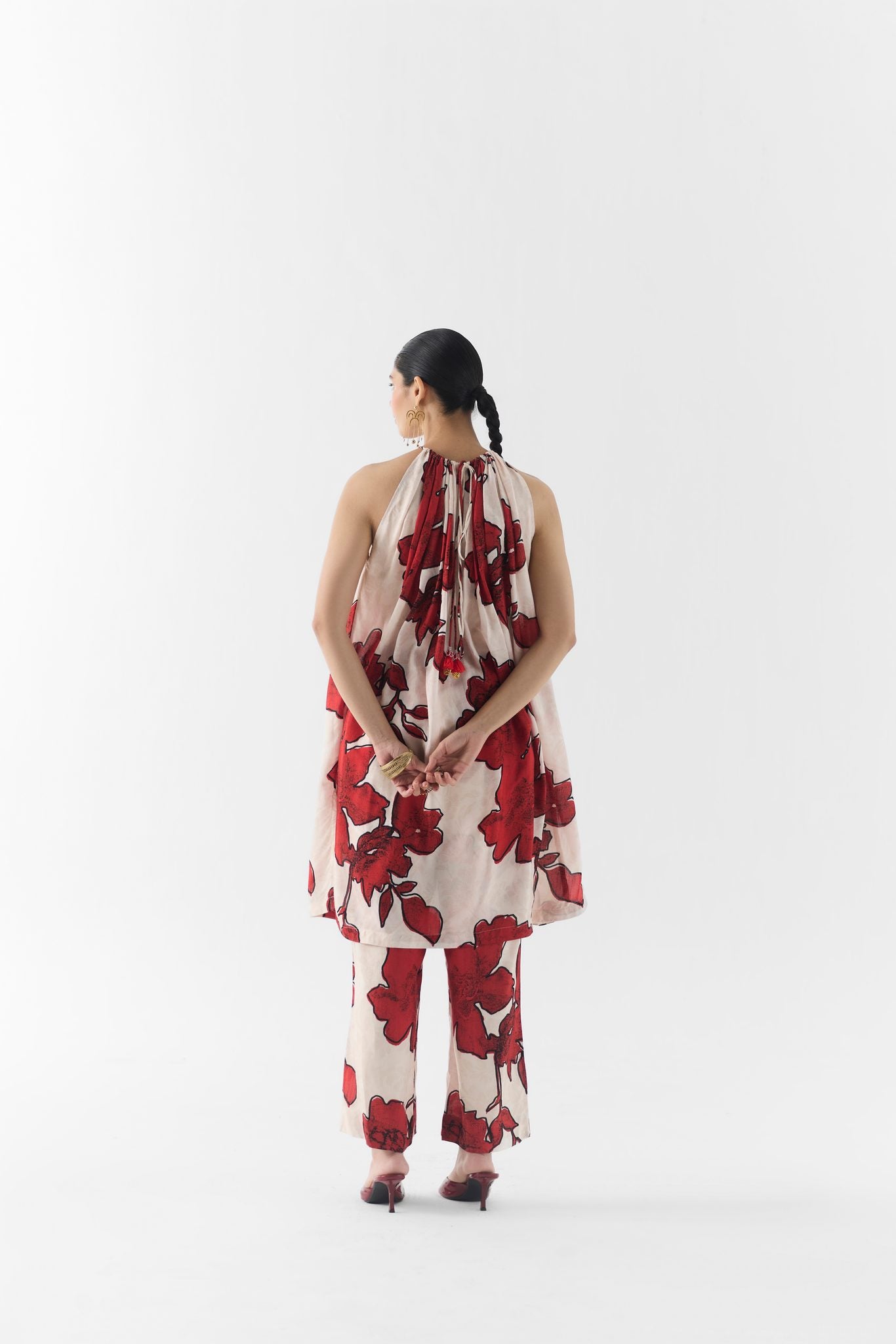 Detail of Rosalie halter kurta silk dupion rose print and jacquard base