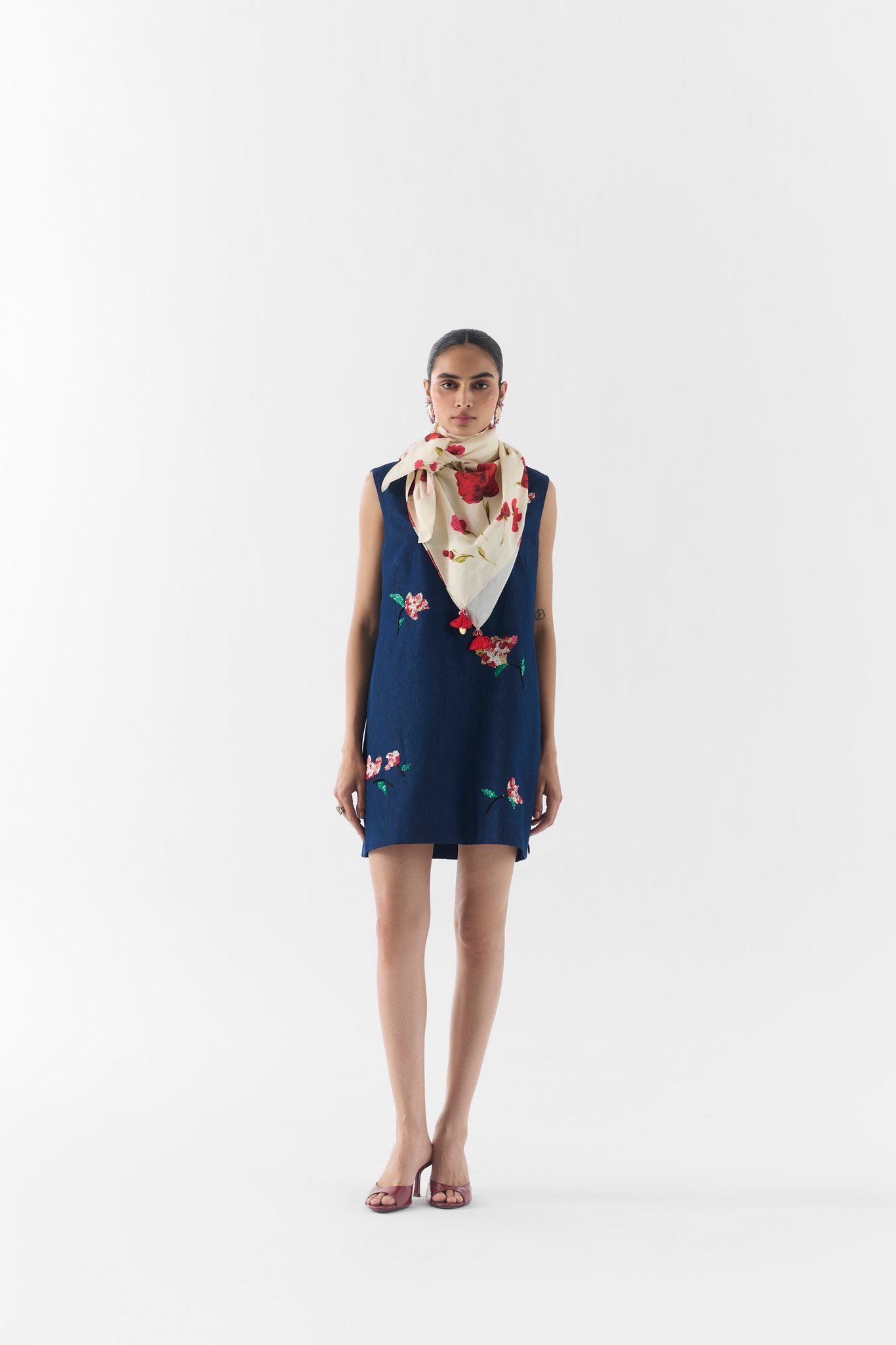 Close-up of rose print and denim texture detail on the Rose Denim Dress