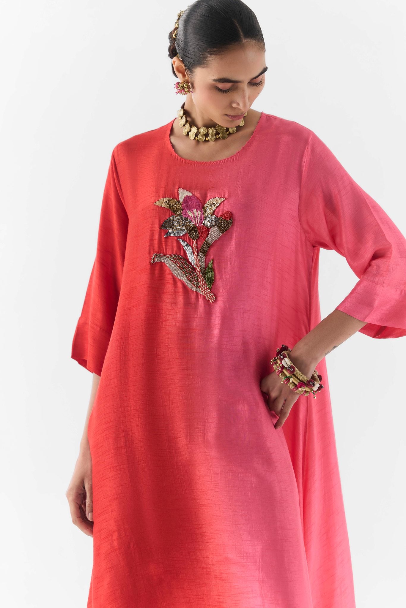 Side view of the Ruby kurta styled with matching pants