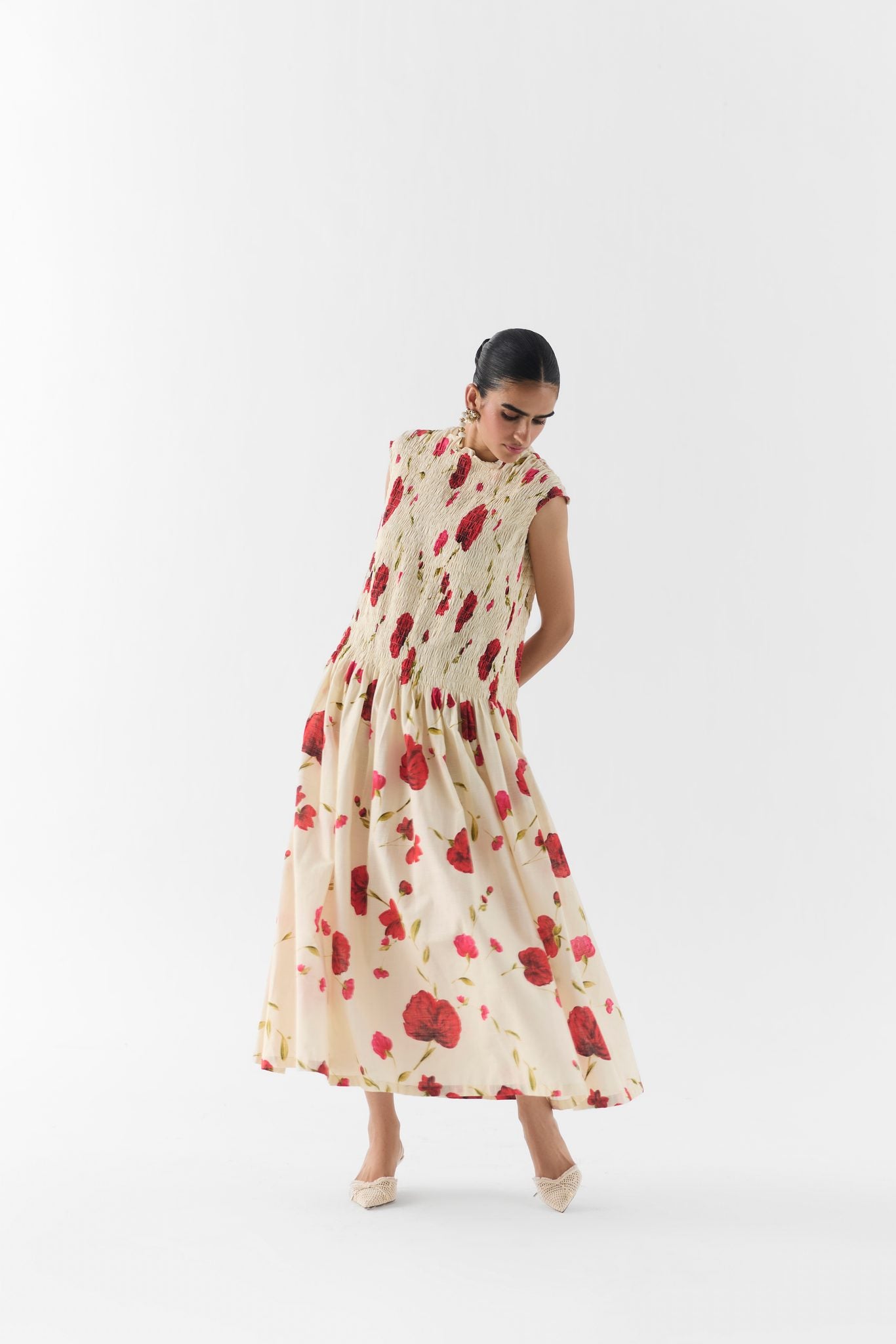 Side view of Sisley Rose Ruching Dress showing gathered ruching along the waist