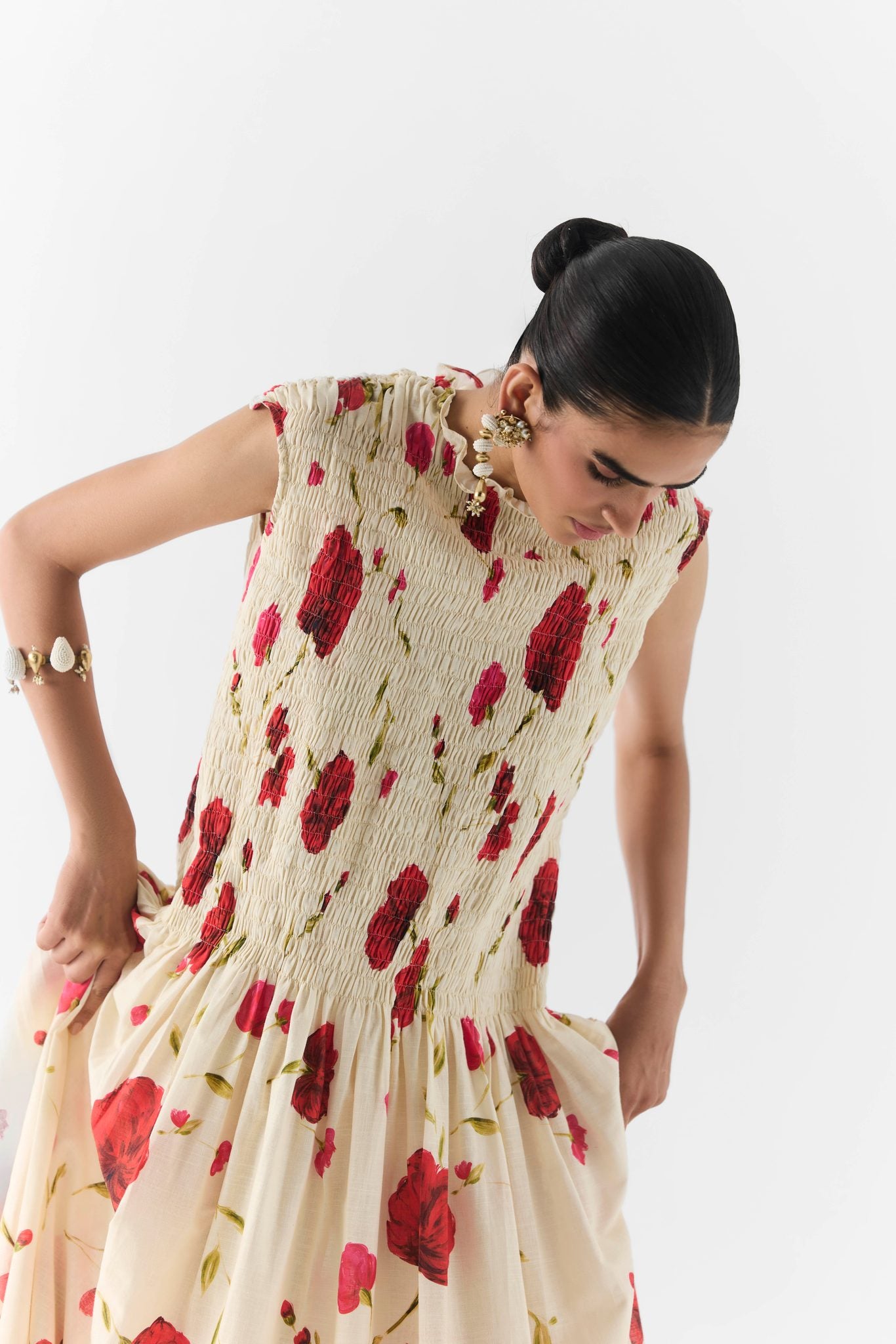 Back view of the Sisley Rose Ruching Dress styled for evening and party wear