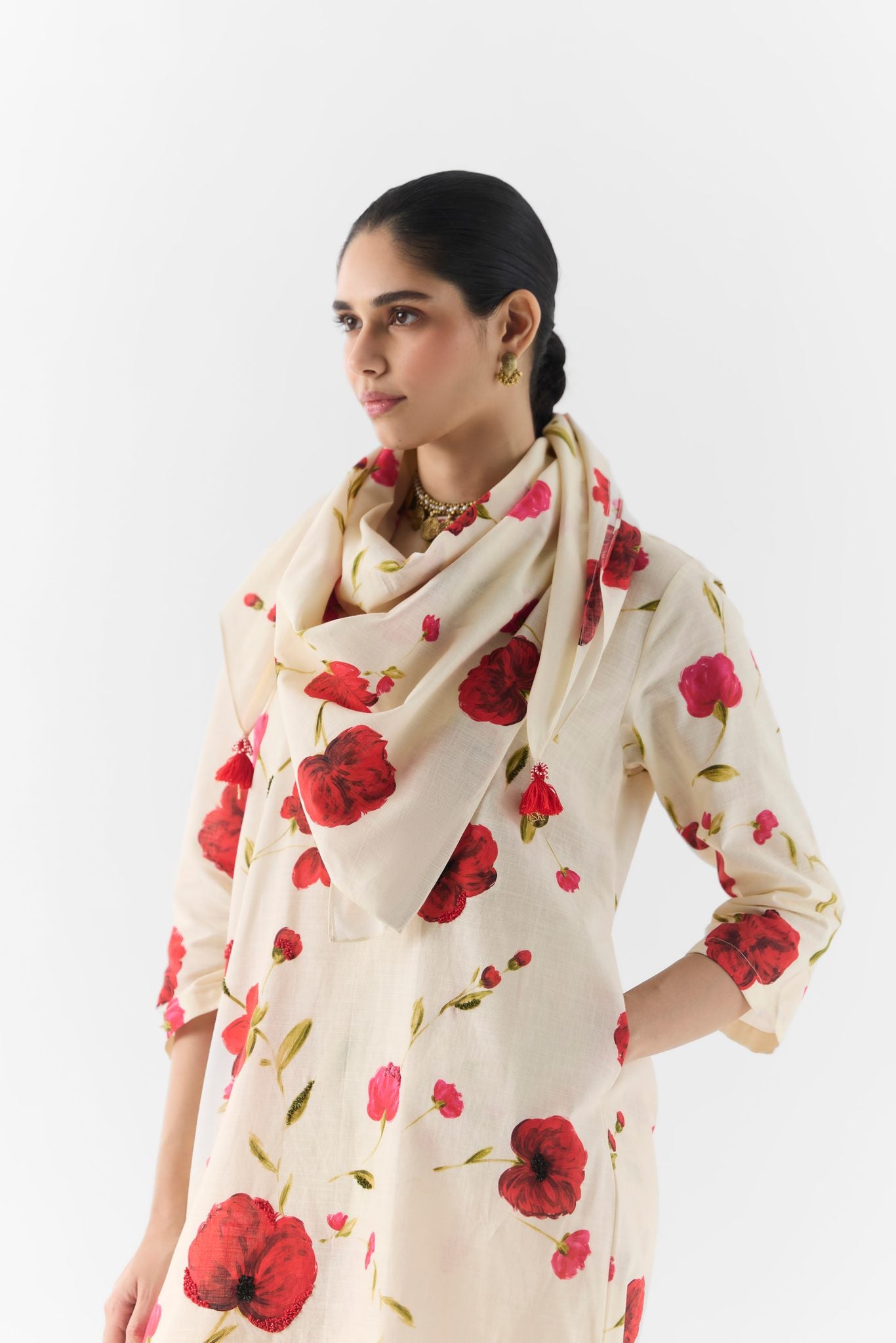 Full length of the Sisley Rose Scarf showing rose print repeat and finished edges