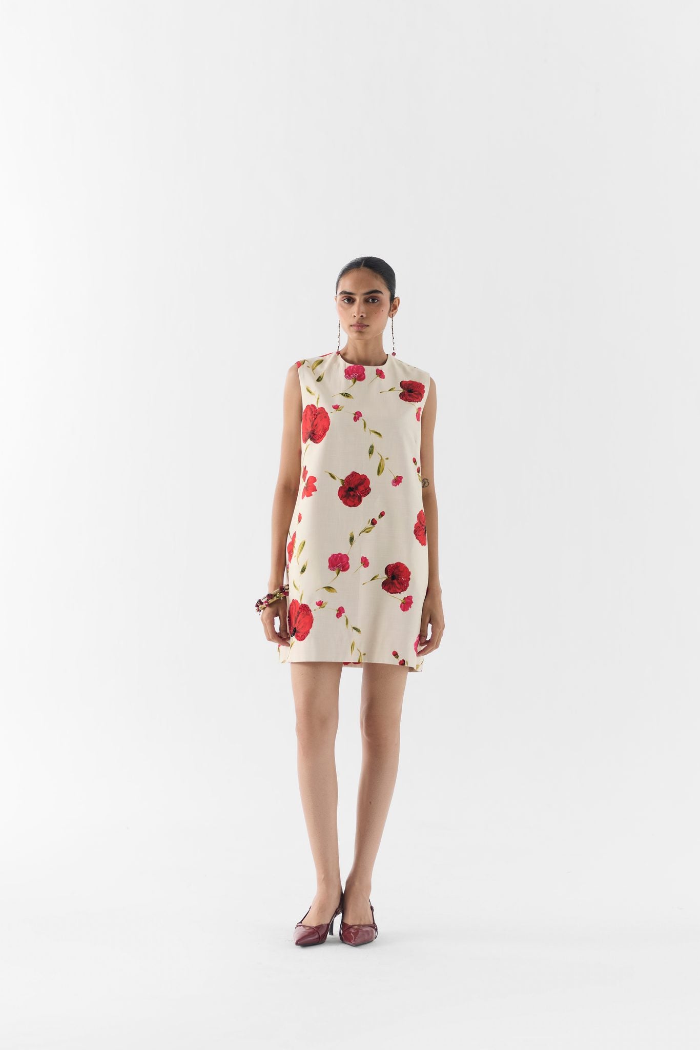 Sisley Rose Short Dress front view on model in floral print